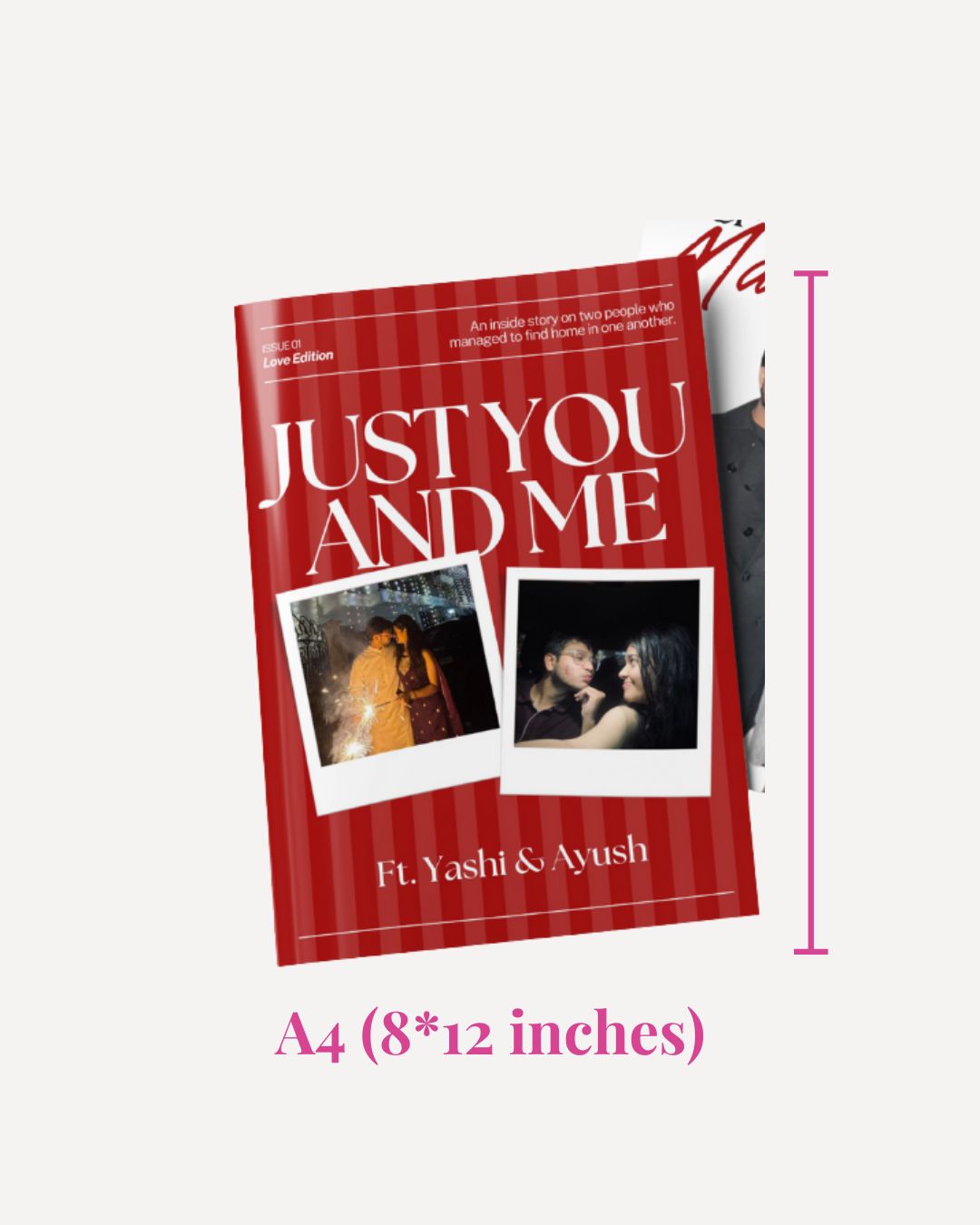 Book titled 'Just You and Me' with a red cover and dimensions A4 on a white background
