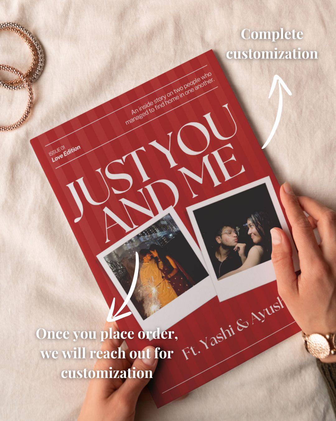 Book titled 'Just You and Me' with customization text on a light background