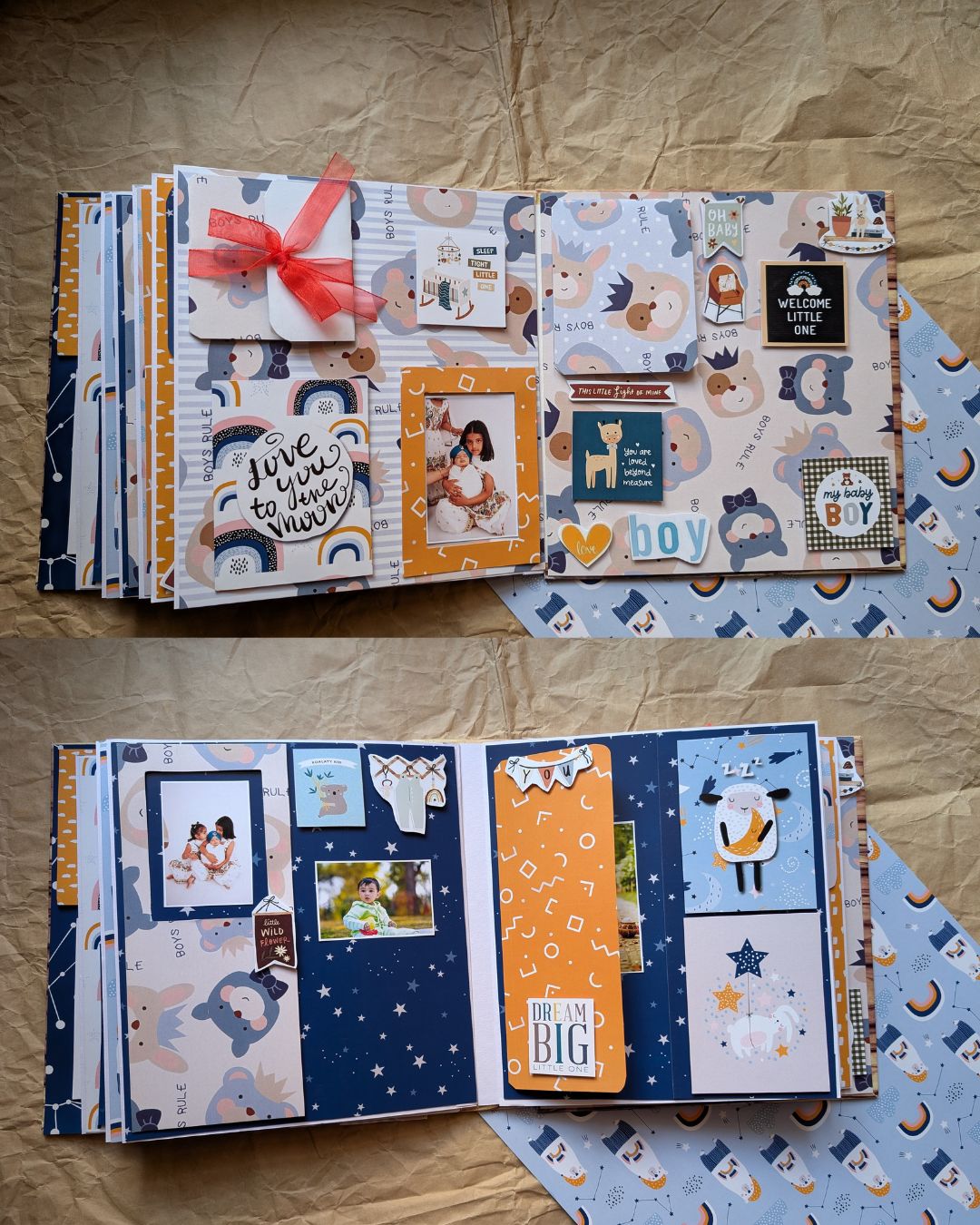Open scrapbook with decorative pages and a ribbon on a textured surface