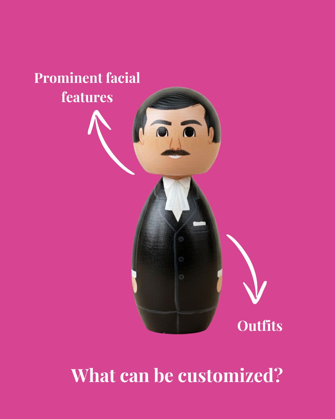 Figurine with customizable facial features and outfits on a pink background