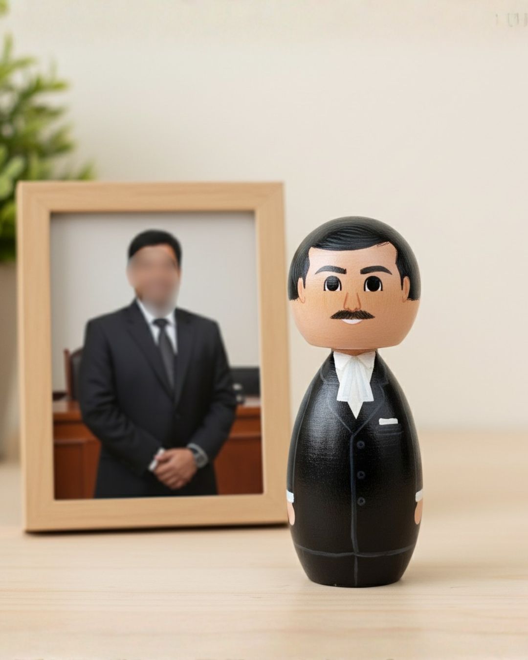 Wooden figurine of a man in formal attire next to a blurred photo of a person in a suit.