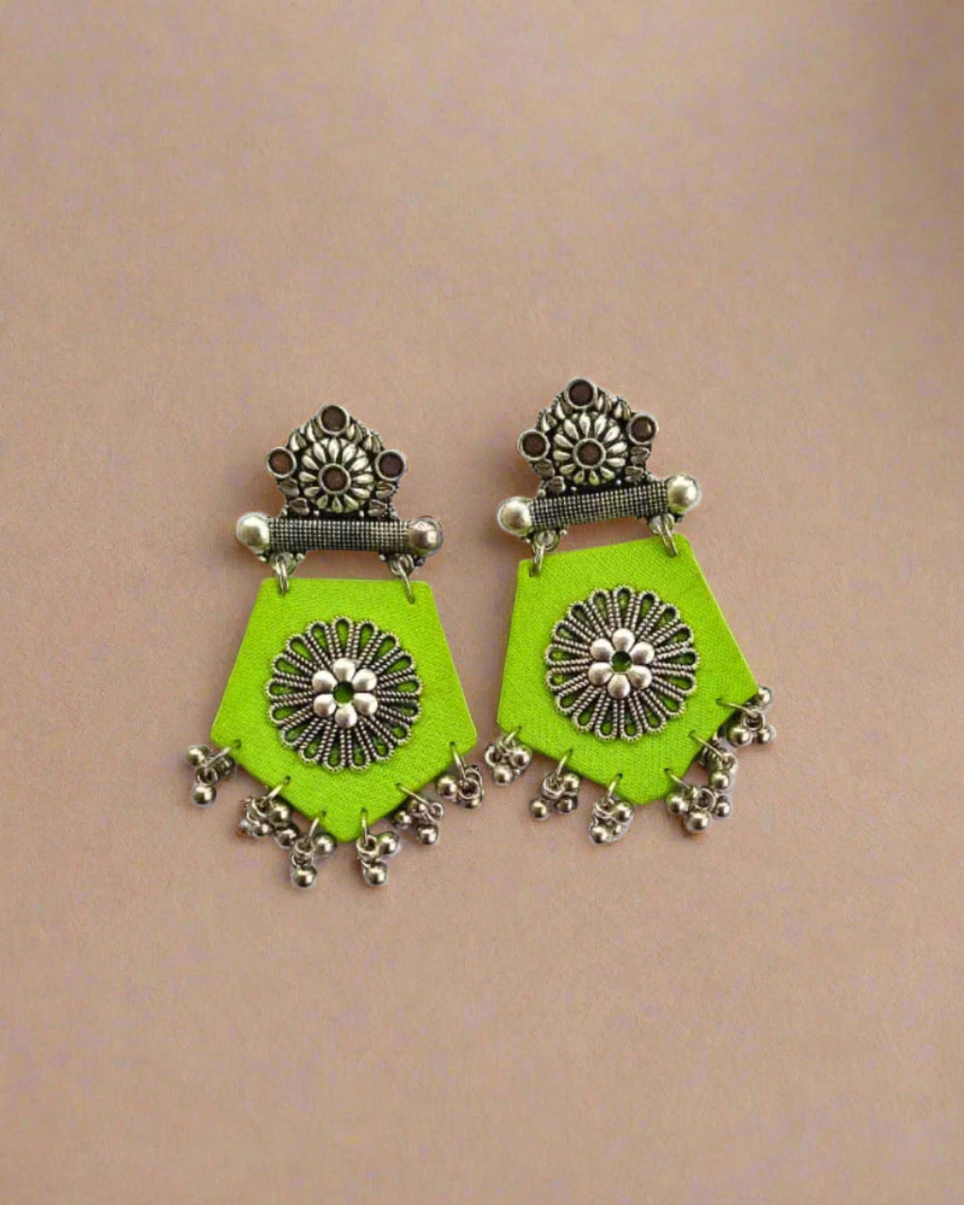 Light Green Fabric Jhumka with Silver Accents