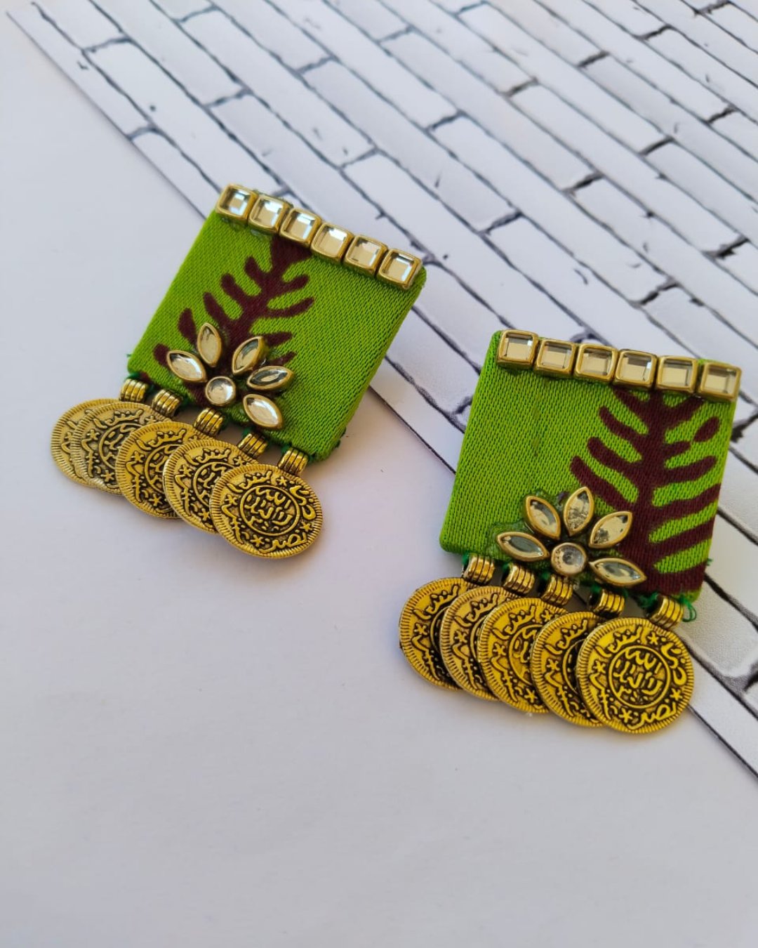 Lime green golden coin studs