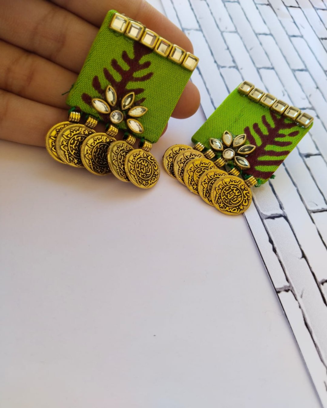 Lime green golden coin studs