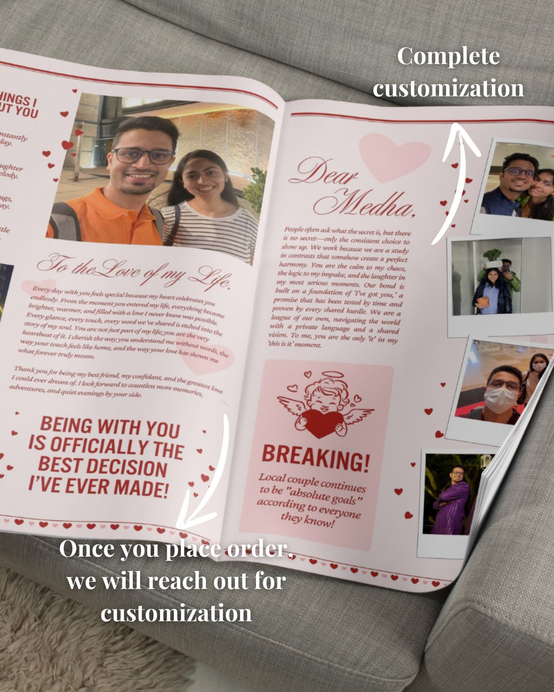 Open book with personalized text and images on a gray surface