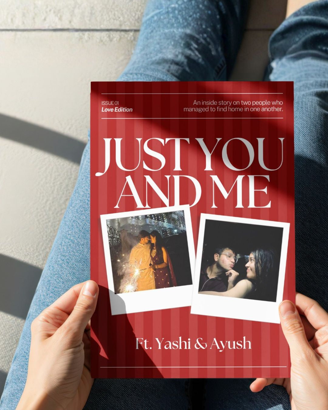 Book titled 'Just You And Me' held by a person with a red cover featuring two photos of a couple.