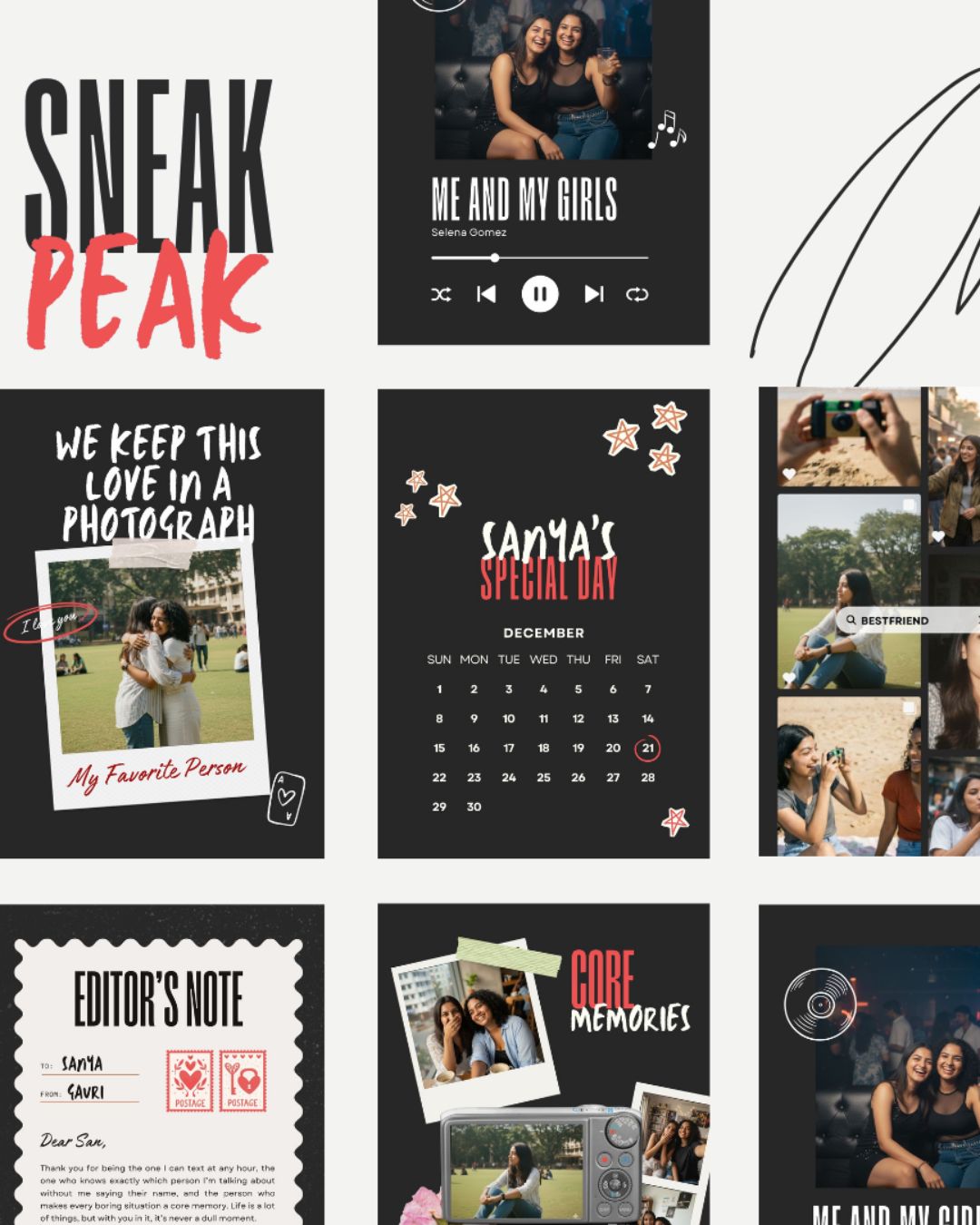 Collection of photo album designs with text and images on a white background