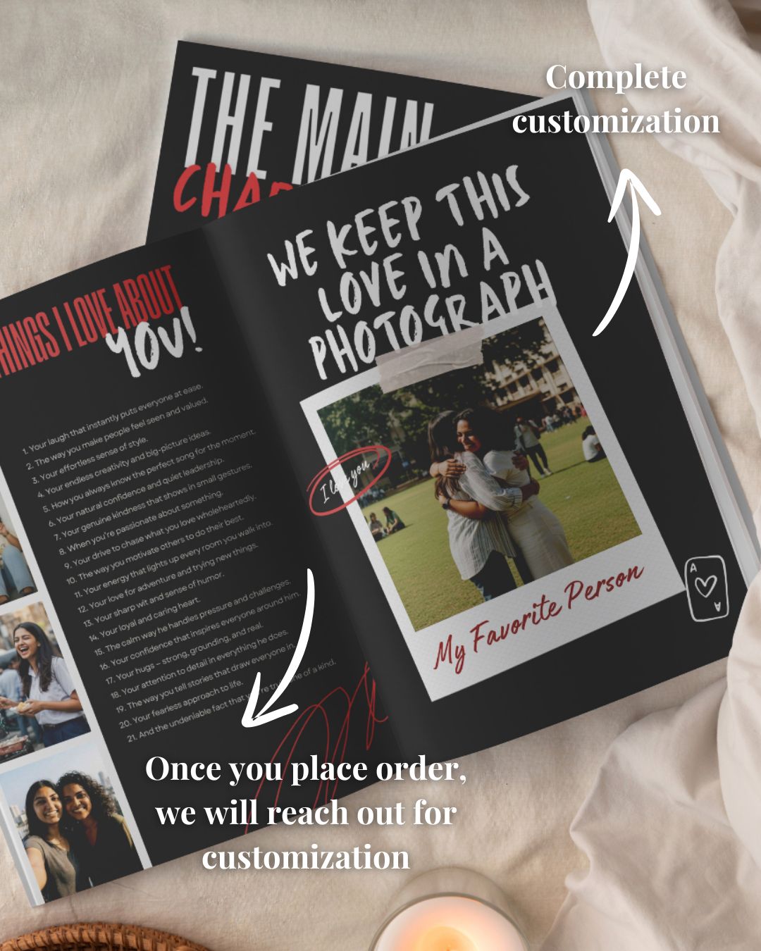 Open photo book with customization options on a soft surface