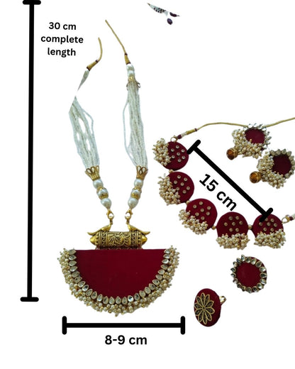 Red necklace set with all measurements mentioned on a virtual backdrop