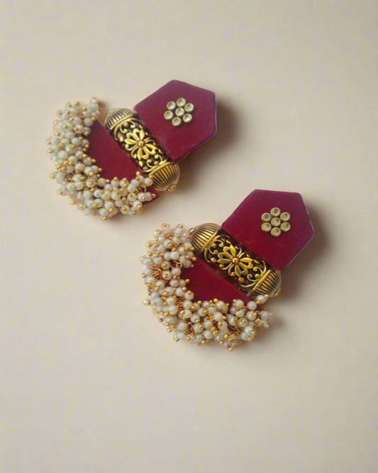 Maroon Gold Beaded Jhumka