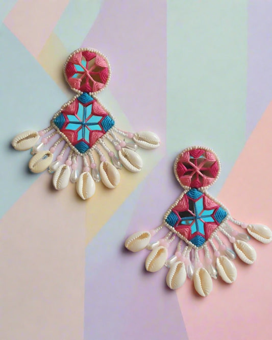 Pink and blue mirror earrings with sea shells latkan on white grey backdrop