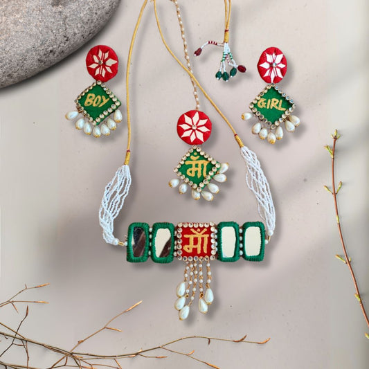 Rainvas Mom to be customised baby shower necklace, earrings, tika, bracelet brooch set