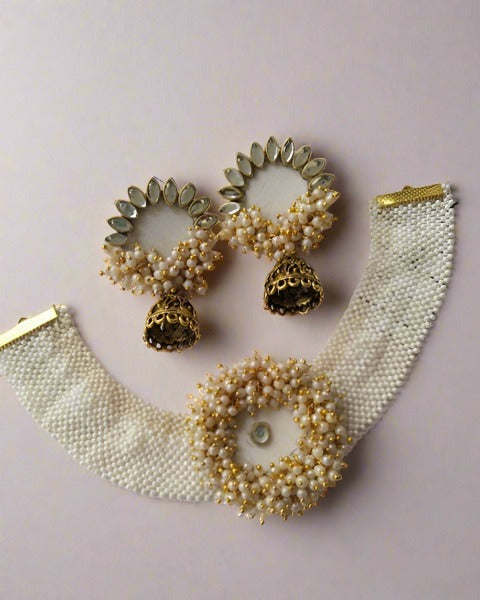 White pearls and beads golden choker necklace with earrings set