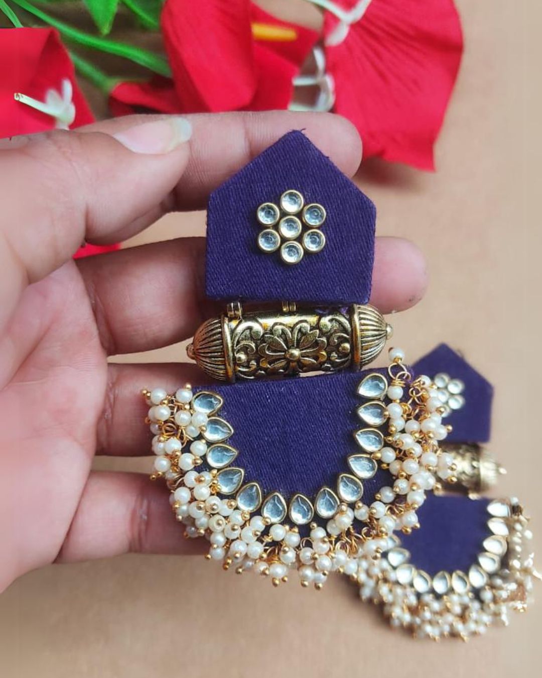 Navy Blue Traditional Beaded Jhumkas