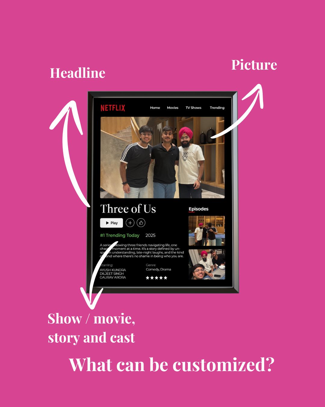NETFLIX interface with three people on a pink background, showing customizable elements.