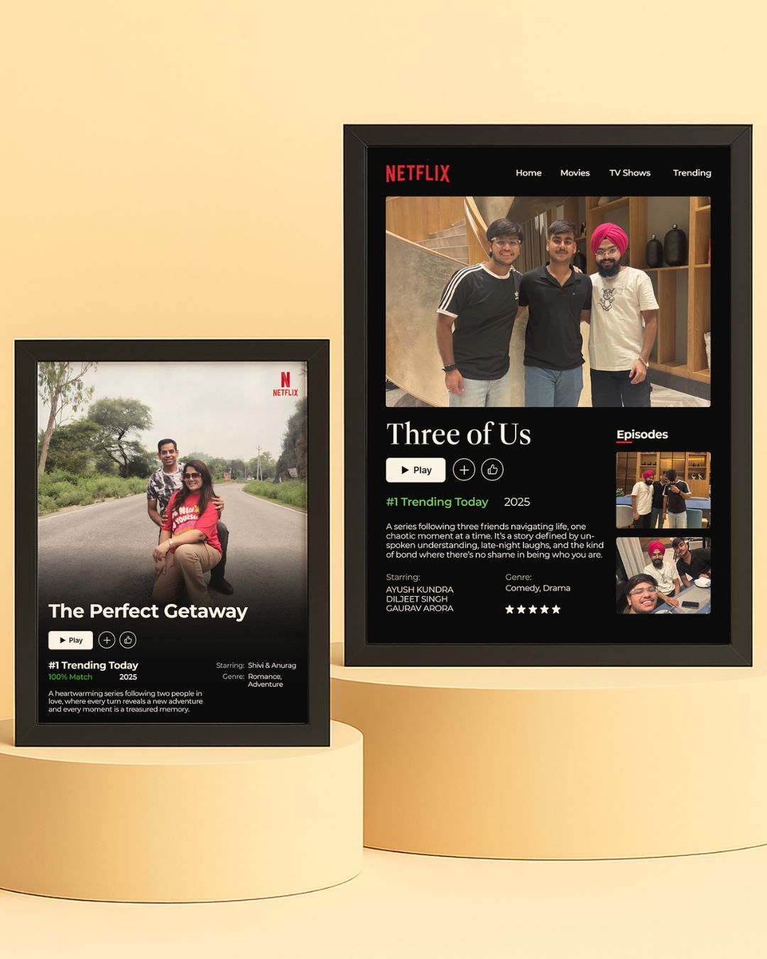 Two framed images on a beige background, one showing a couple on a road trip and the other featuring a group of people with a Netflix interface.