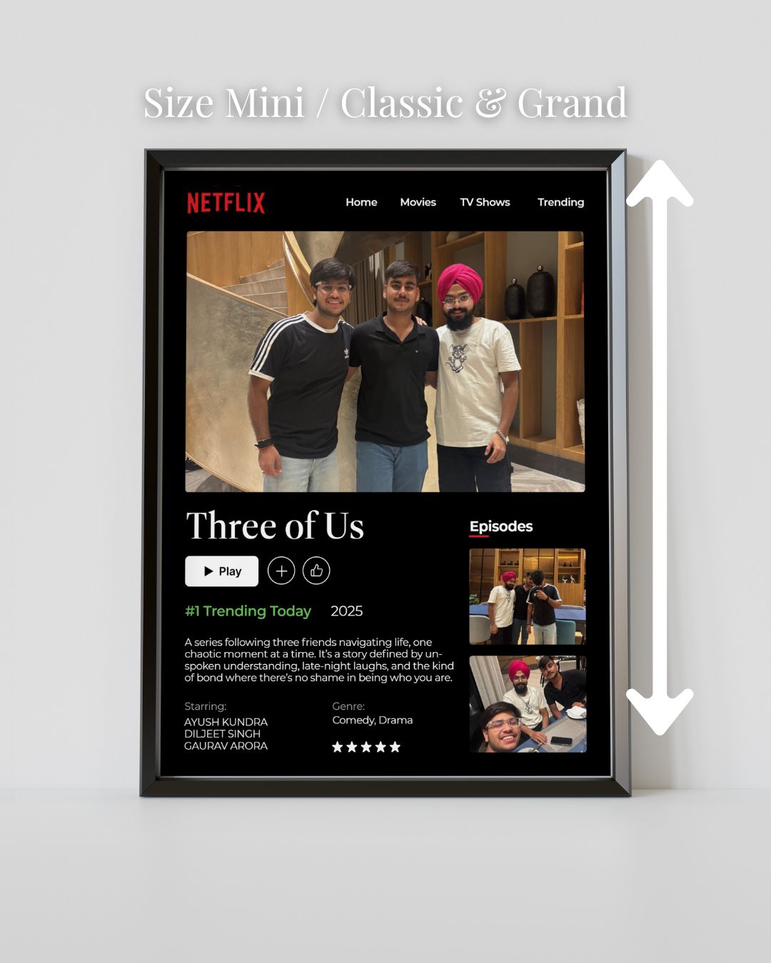 Framed Netflix poster with three people and text on a white background