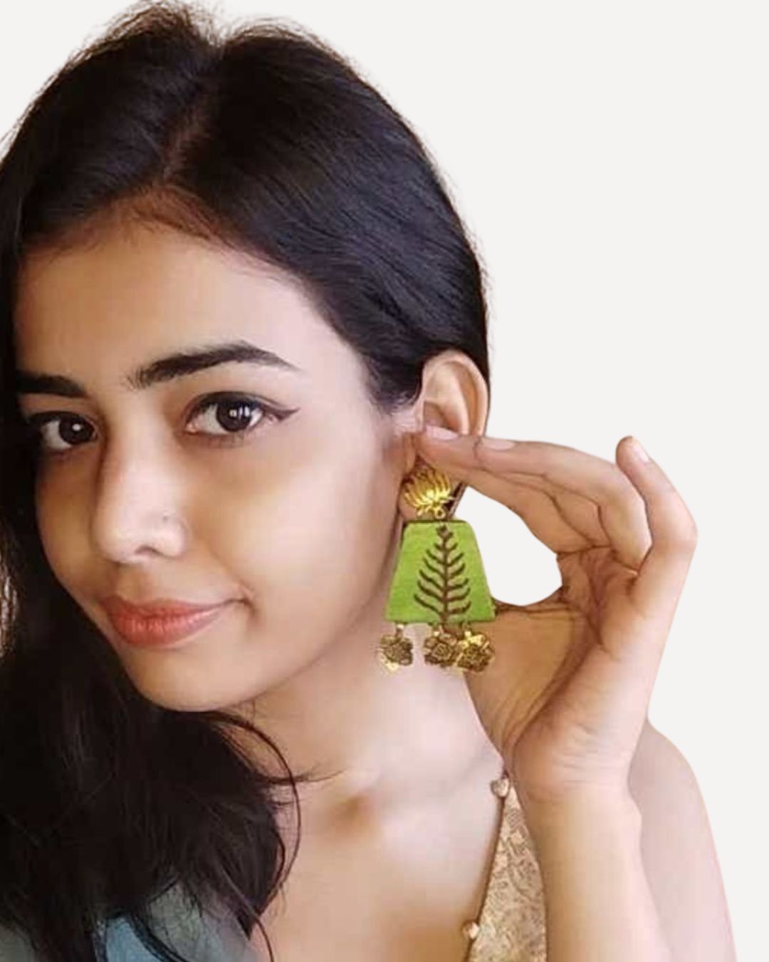 Golden Green Leaf Charm Earrings