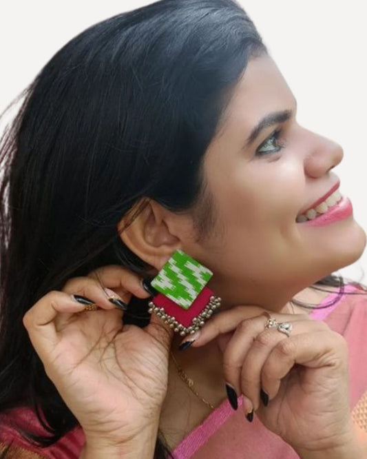 Green pink printed earrings