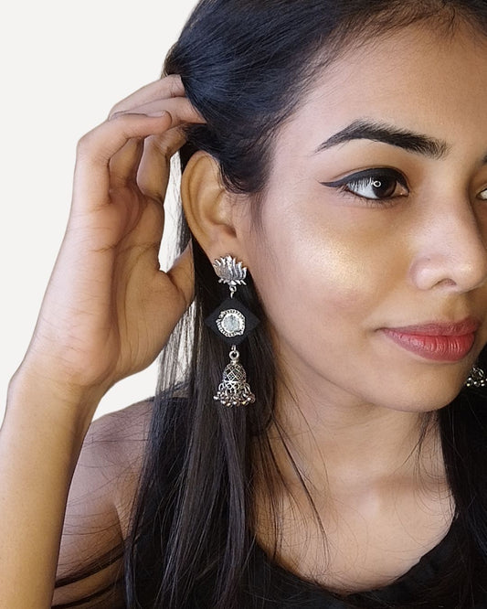 Black silver mirror earrings