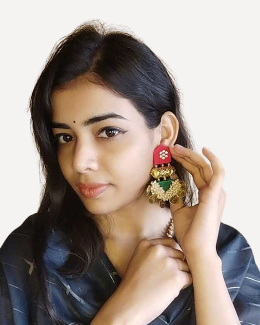 Maroon & green golden coin earrings