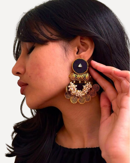 Black golden coins beaded jhumka