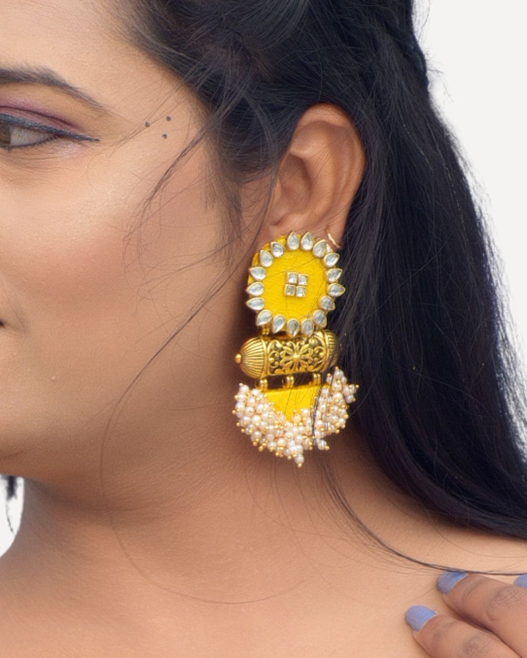 Yellow Kundan Bead Jhumkas