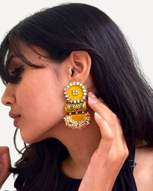 Yellow Kundan Bead Jhumkas
