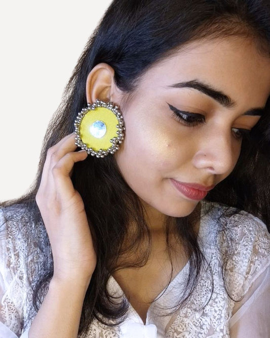 Green Silver Bead Stud Earrings
