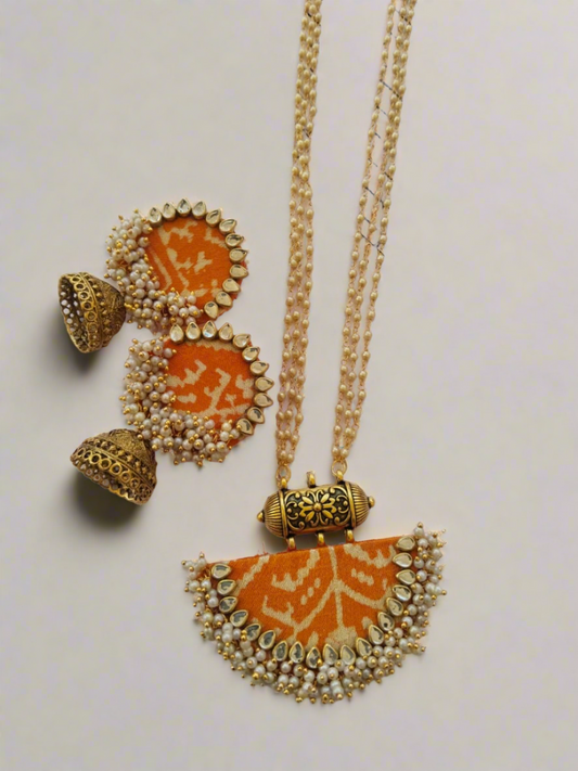 Rainvas Yellow orange Patola print ghantanmala beaded necklace and earrings set