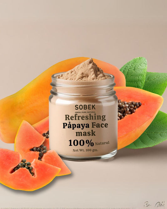 Sobek naturals papaya face mask with papaya slices around it on brown backdrop