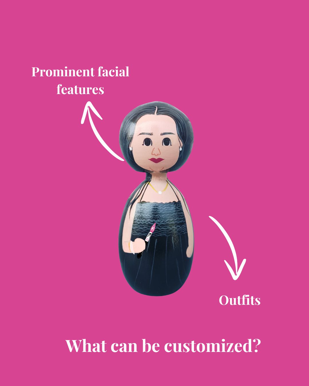 Peg doll with customizable facial features and outfits on a pink background
