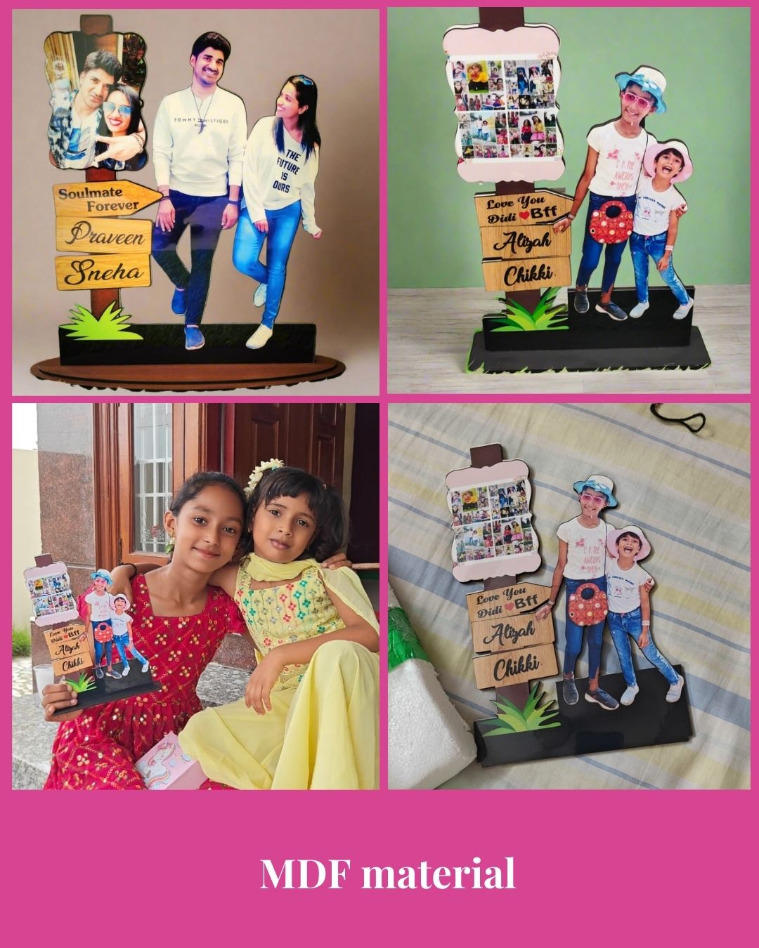 Collage of 4 pictures of caricature photo frame with happy couple & kids .