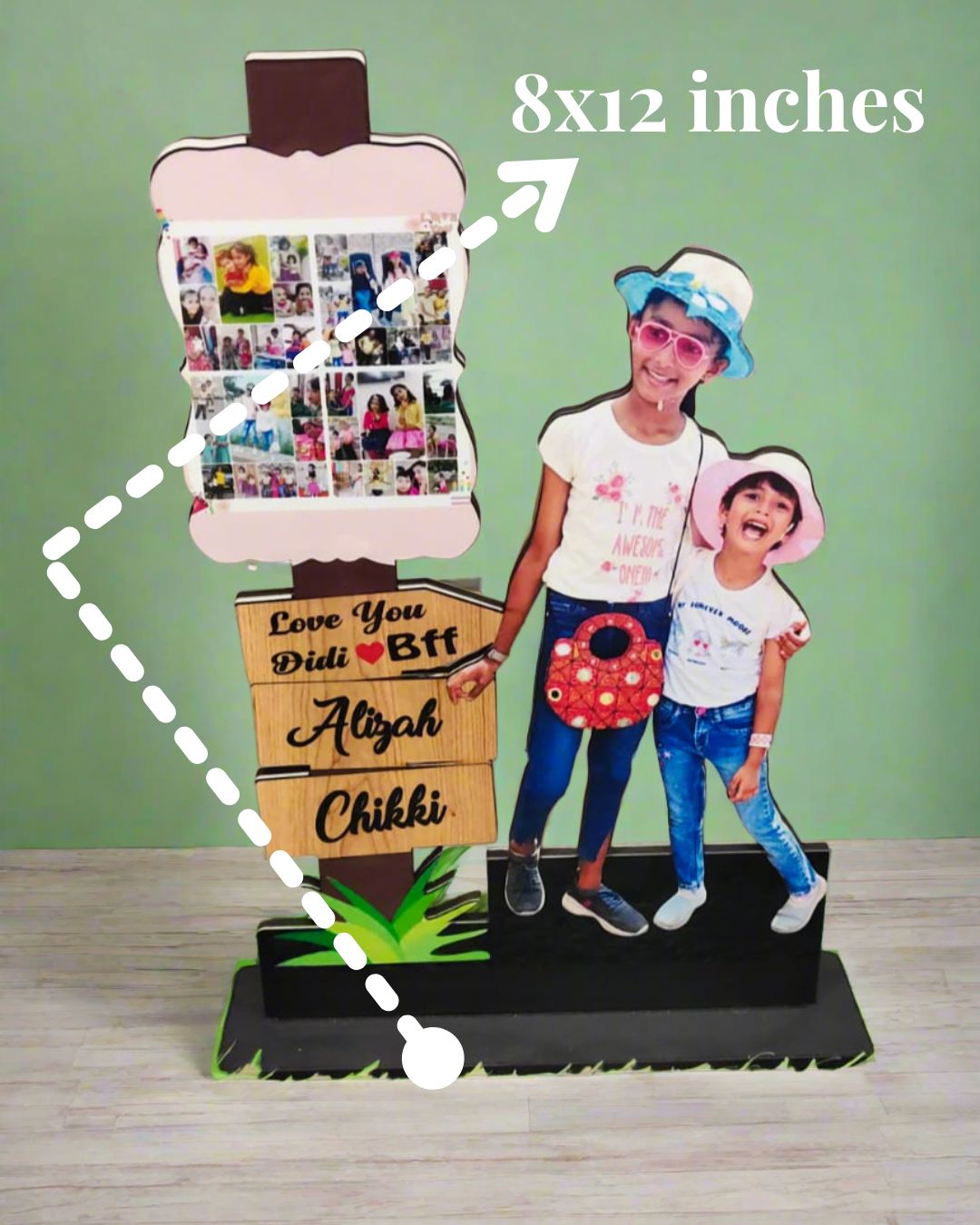 Caricature table top photo frame on beige backdrop with pictures of happy kids