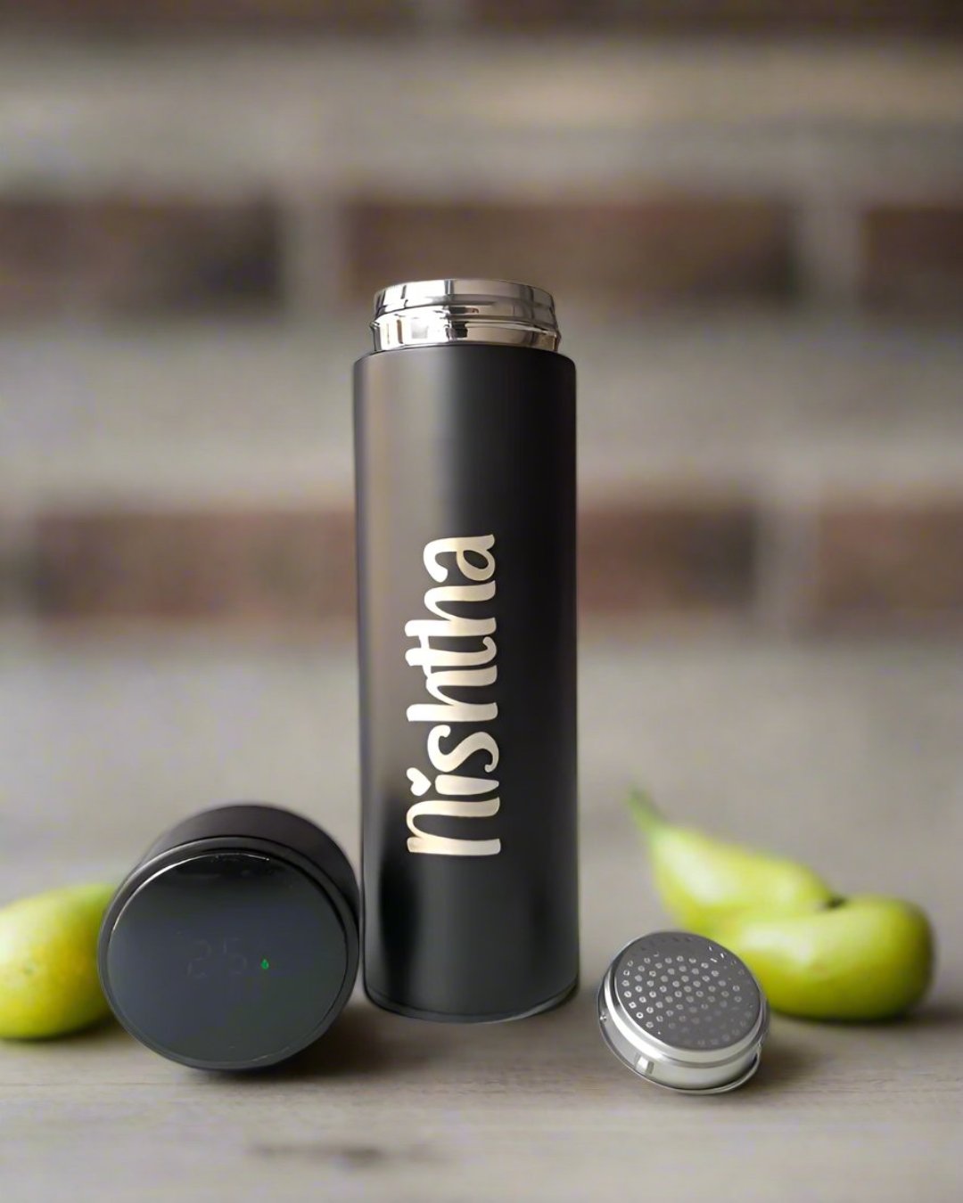 Black personalized temperature bottle with name in silver engraved