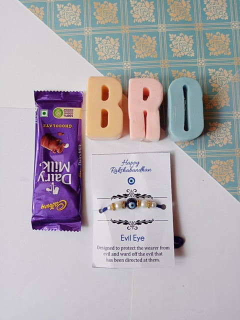 Bro alphabets soap bars with blue evil eye rakhi and dairy milk chocolate