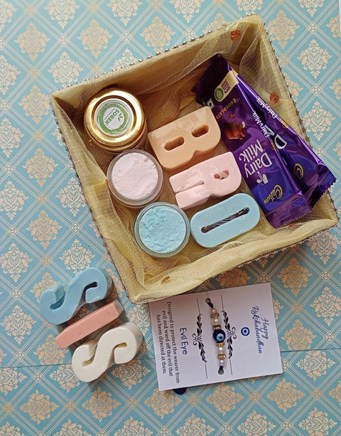 Bro and Sis alphabets soaps with pink and blue whipped creams soap jars inside a golden box