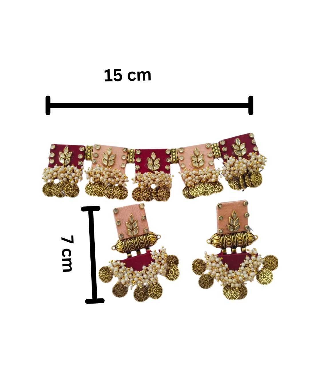 Pink and peach choker and earrings showing its measurements