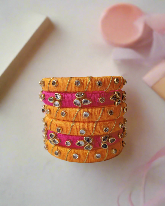 Pink & Orange Kundan Bangles - Set of 6