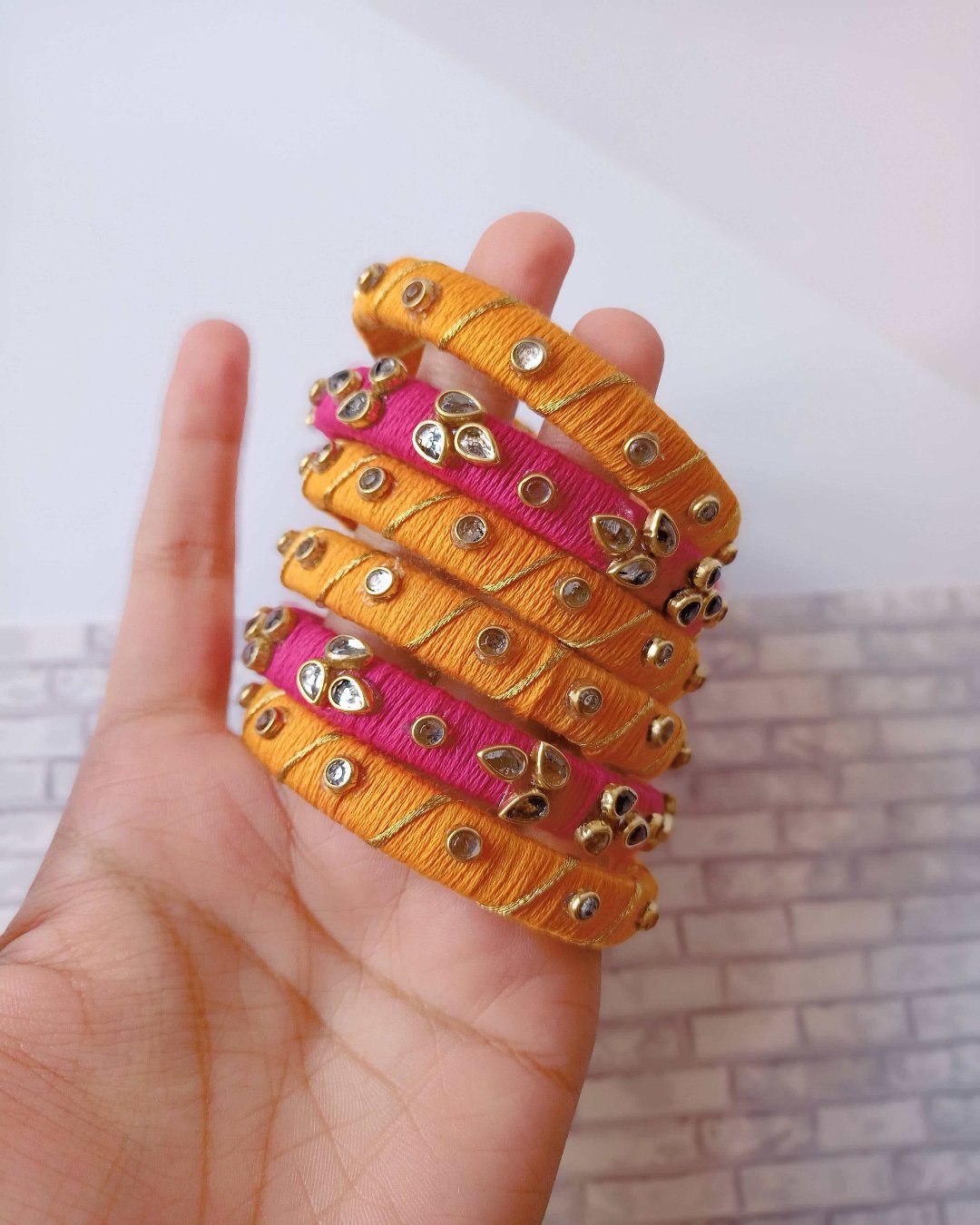 Pink & Orange Kundan Bangles - Set of 6