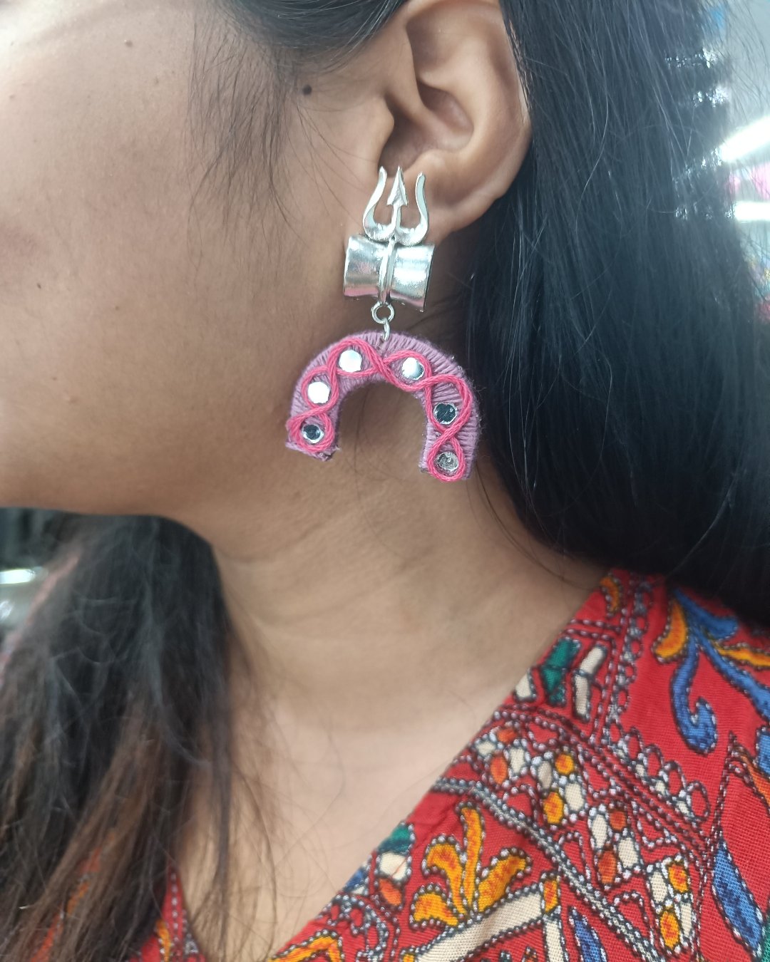 Pink Trishul Thread Earrings