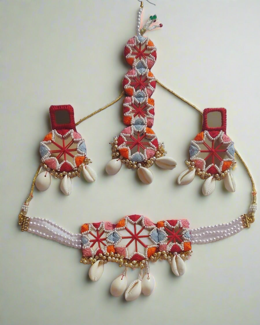 Pink and blue with white pearls and sea shells necklace, earrings and head piece set