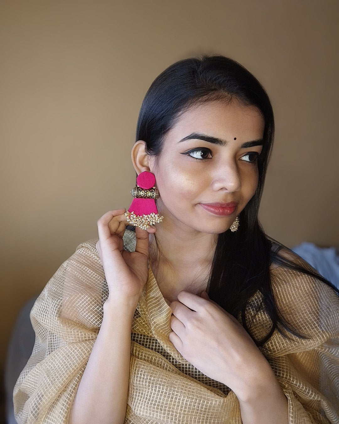 Pink and golden long jhumka