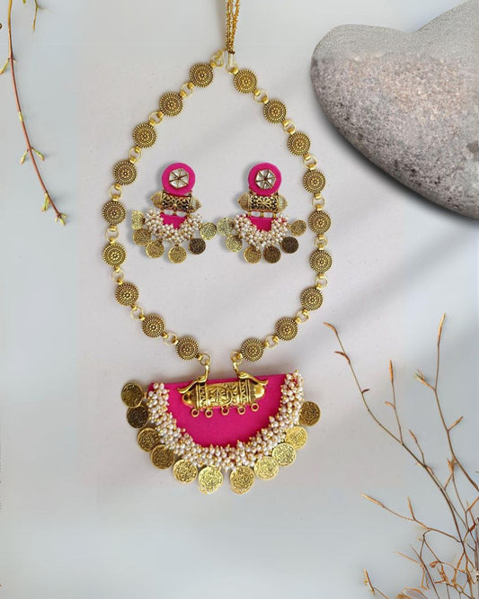 Rainvas Pink and golden coin traditional necklace earrings set