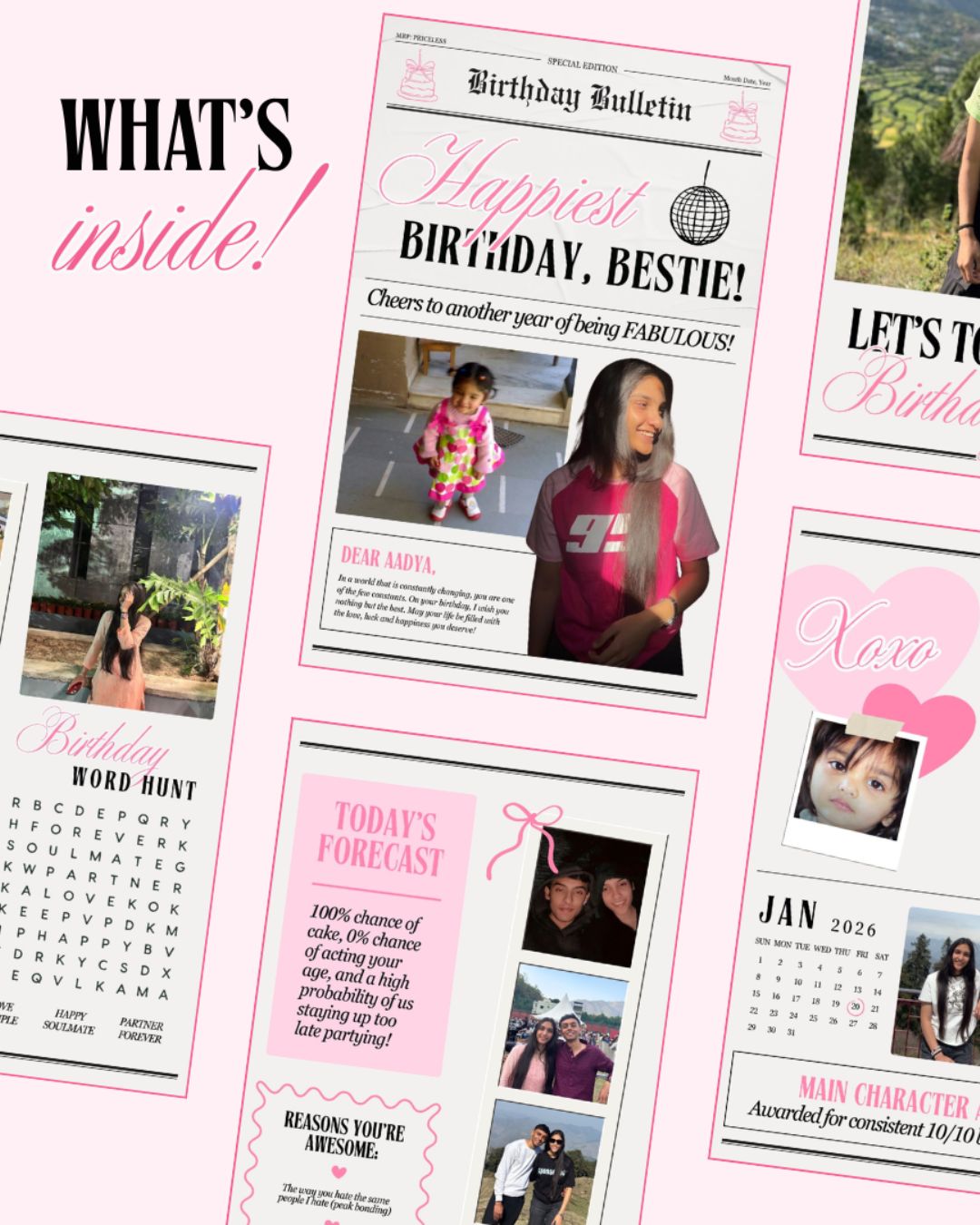 Collection of birthday-themed pages with photos and text on a white background