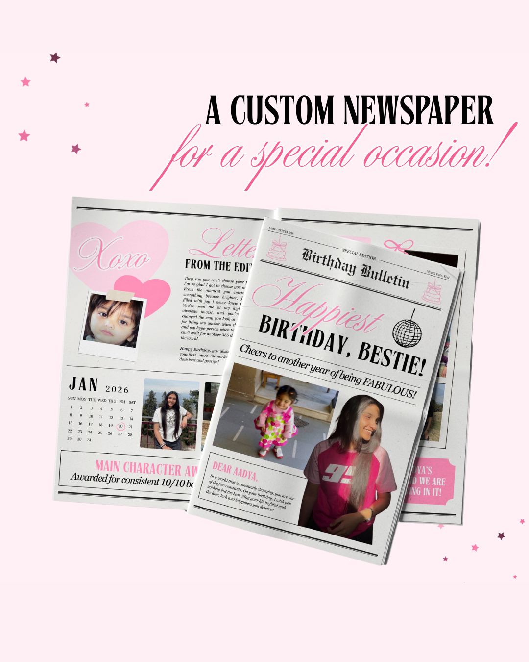 Custom newspaper with birthday message and photos on a white background
