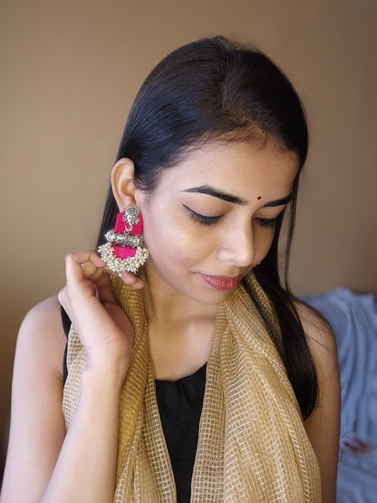 Rainvas Pink Ganpati beaded fabric earrings