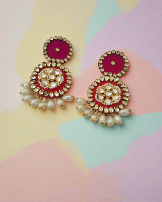 Pink kundan pearl earrings