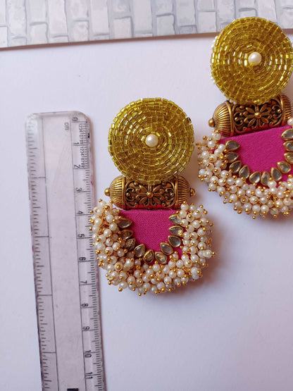 Rainvas Pink and golden tavij jhumka beaded earrings