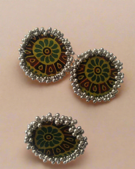 Ajrakh Green Ring Earrings Combo